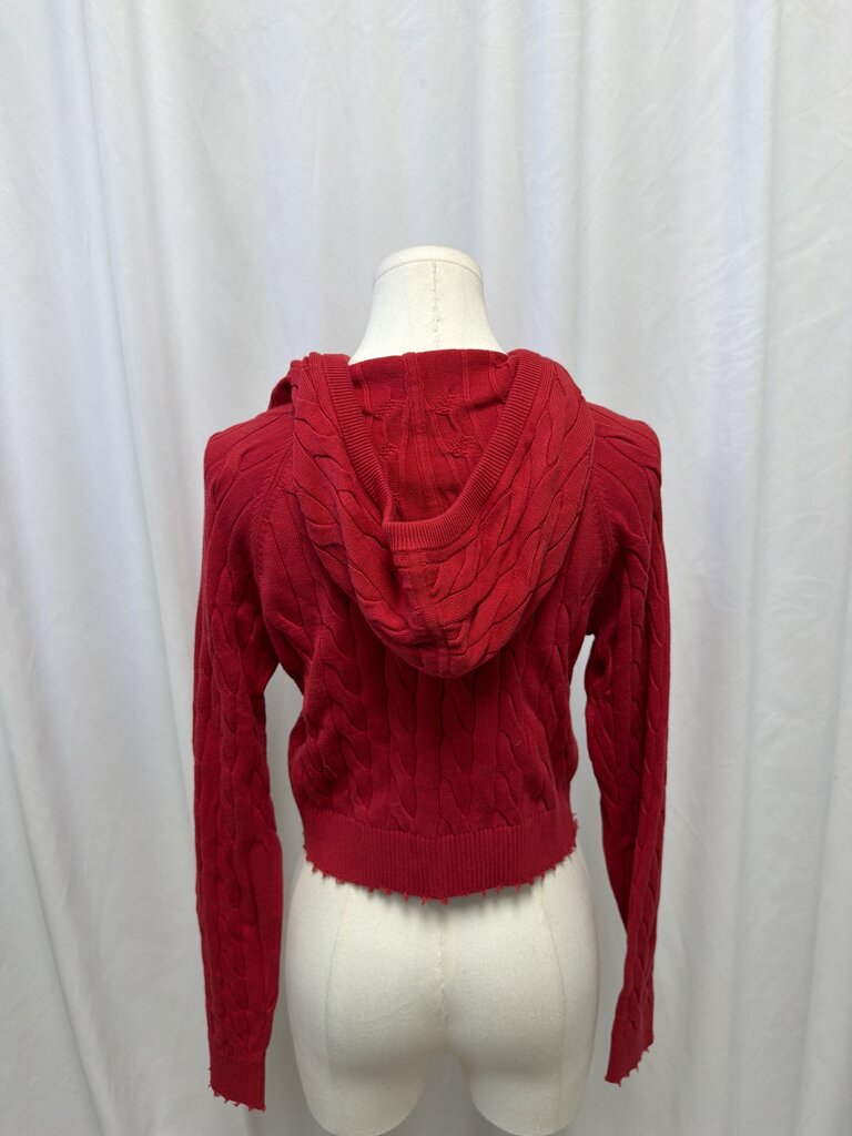 Minnie Rose Red Cropped Cotton Cable Hooded Sweater NWT