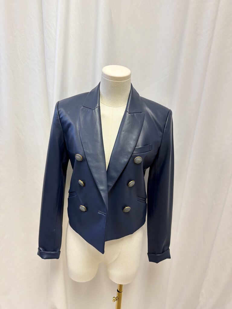 Veronica Beard Blue Vegan Leather Cropped Blazer