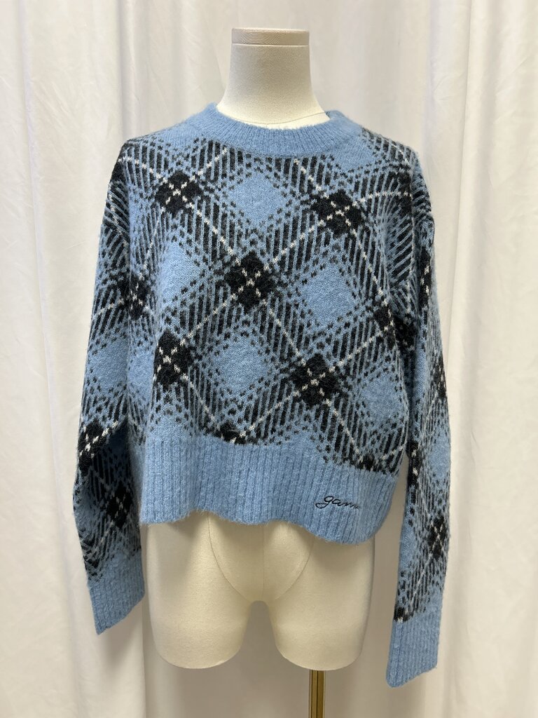 Ganni Alpaca/Wool Plaid Crew Neck Sweater