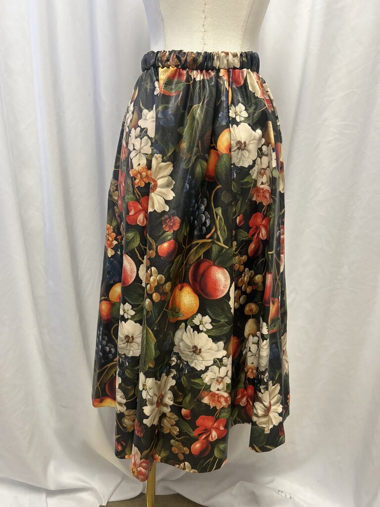 Maeve Floral/Fruit Print Faux Leather Skirt NWT