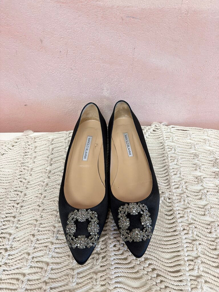 Manolo Blahnik Satin Embellished Buckle Flat