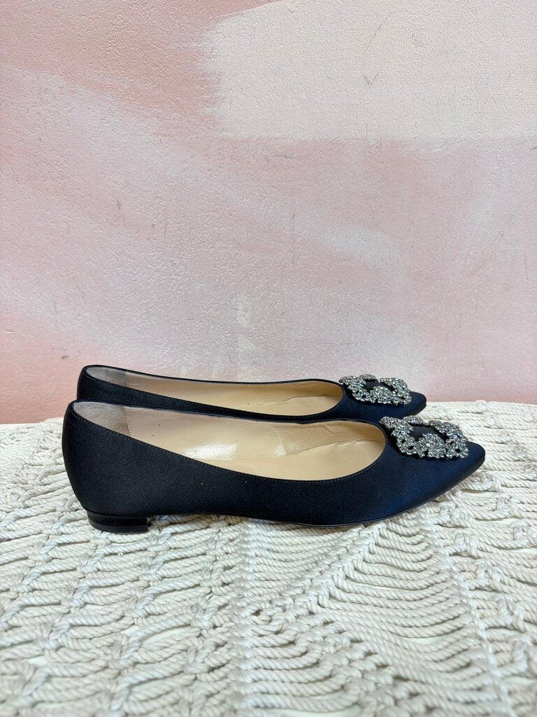 Manolo Blahnik Satin Embellished Buckle Flat