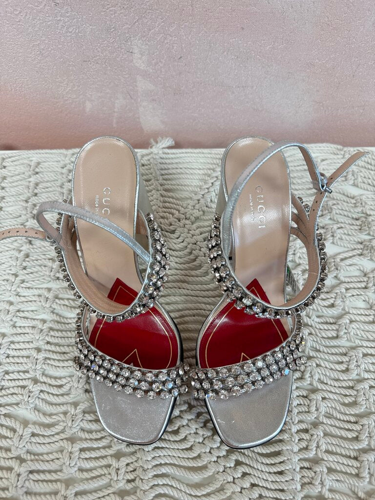 Gucci Silver Sandals w/Crystal Embellishment w/box