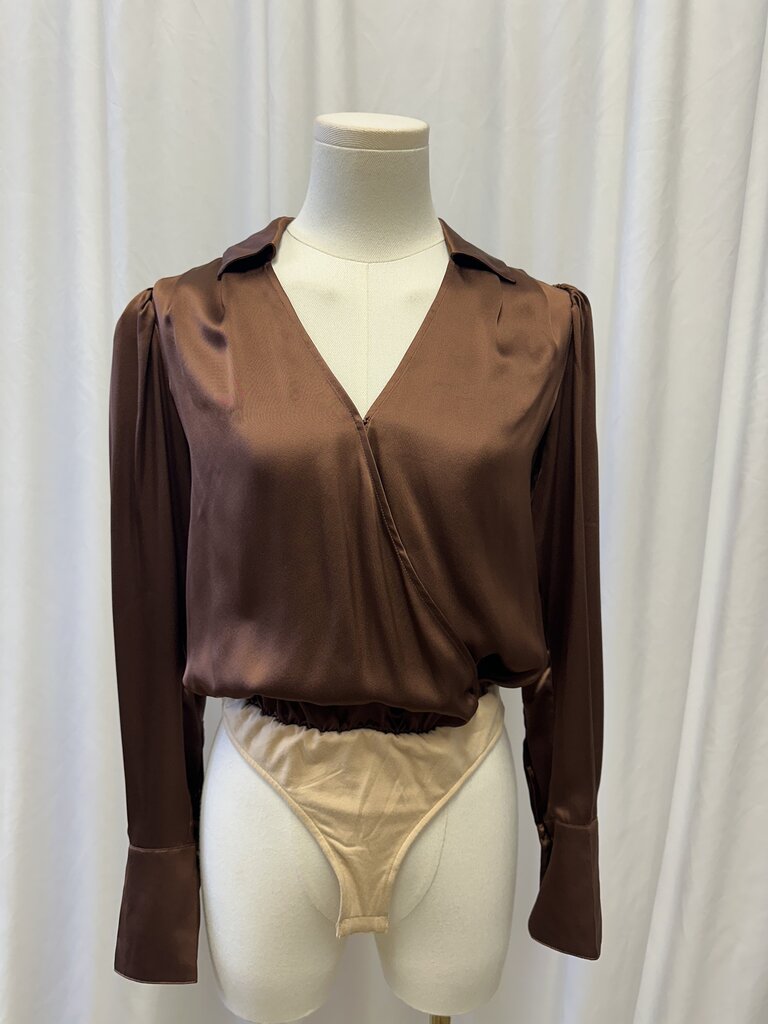 Paige Brown Long Sleeve Silk Bodysuit NWT