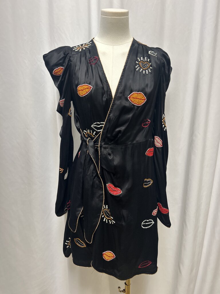 Farm Rio Black Beaded Kisses Wrap Minidress NWT