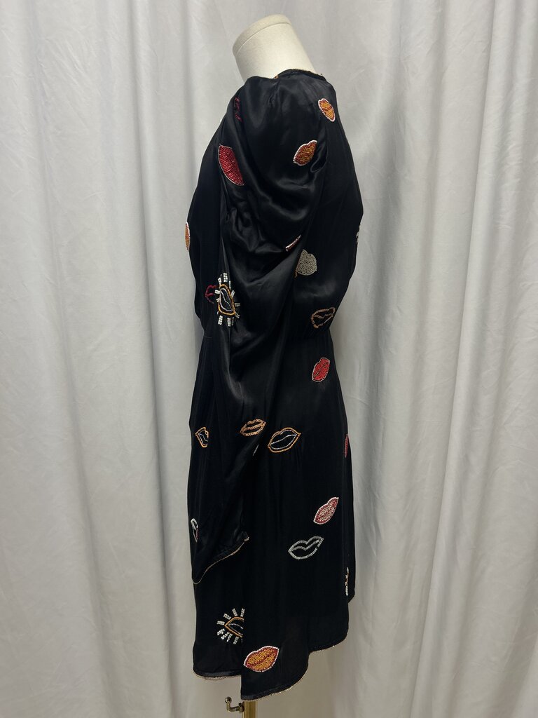 Farm Rio Black Beaded Kisses Wrap Minidress NWT