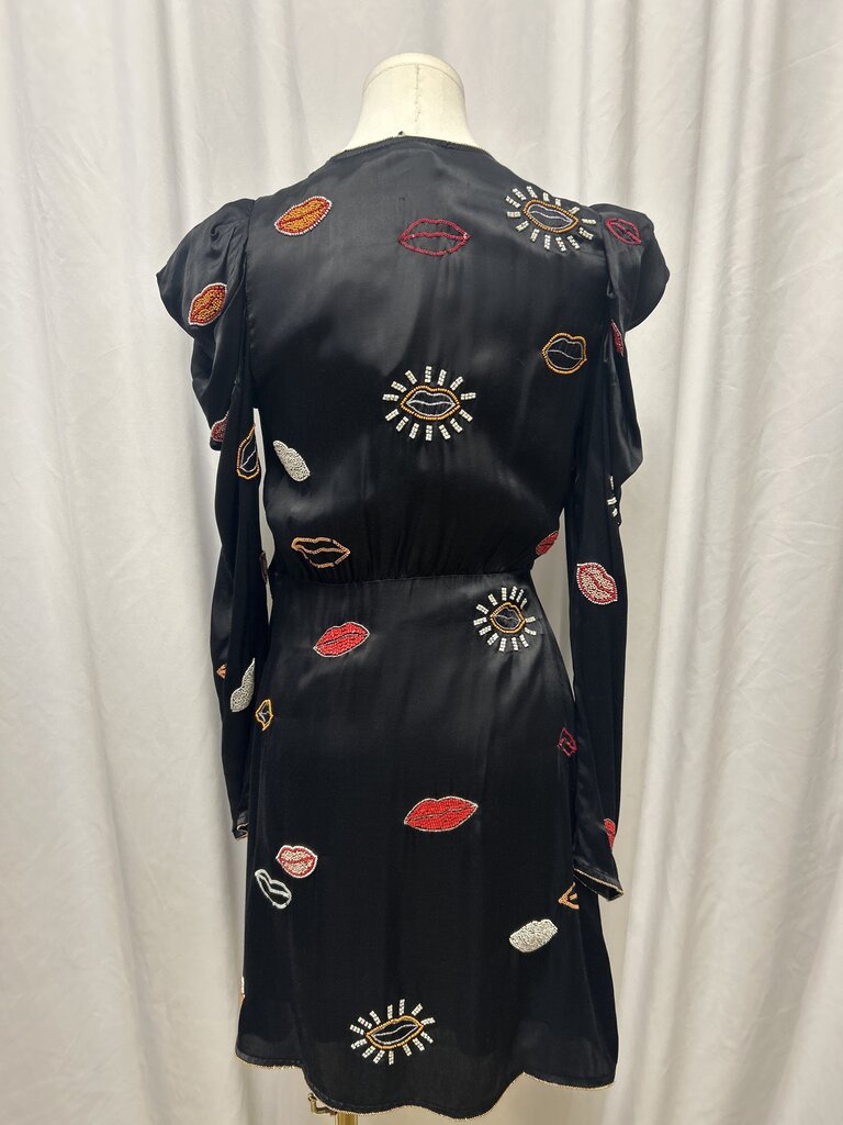 Farm Rio Black Beaded Kisses Wrap Minidress NWT