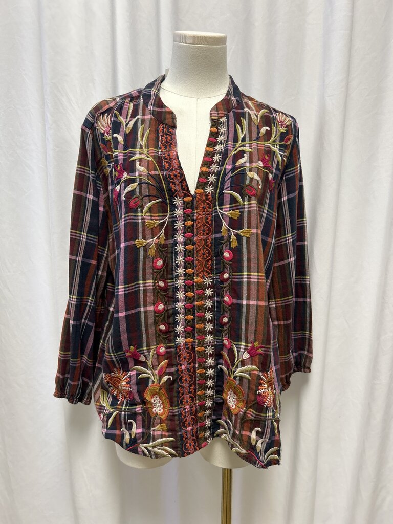 Johnny Was Embroider V-Neck Plaid Top