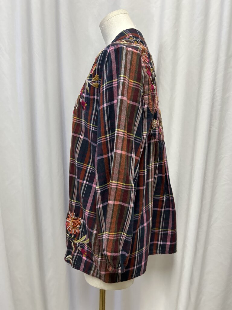 Johnny Was Embroider V-Neck Plaid Top