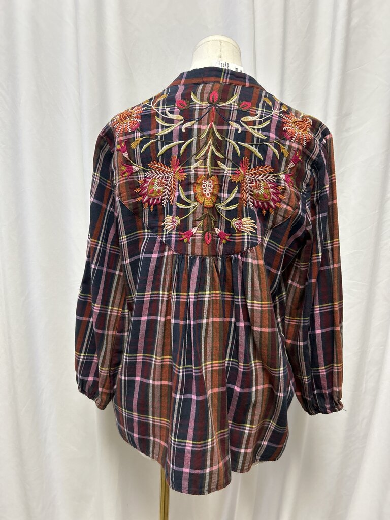 Johnny Was Embroider V-Neck Plaid Top