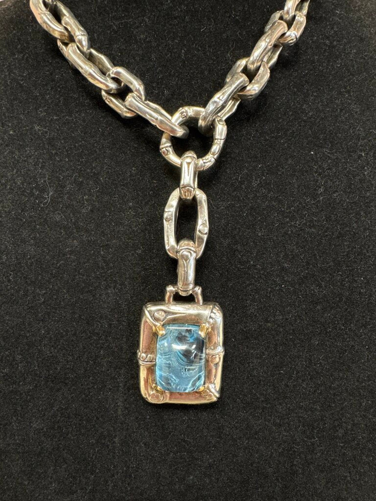 David Yurman Blue Topaz Two-Tone Pendant (Sterling Silver and 18k Gold) Bamboo Chain Necklace