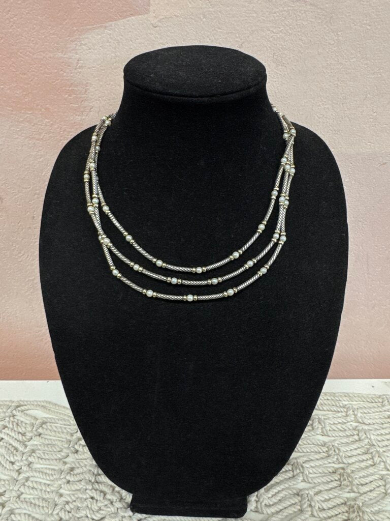 David Yurman Two Tone Cable and Pearl 3 Strand Necklace