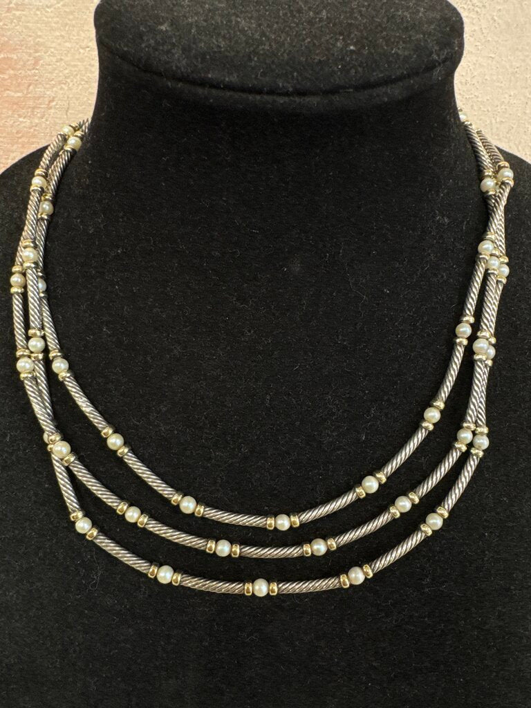 David Yurman Two Tone Cable and Pearl 3 Strand Necklace
