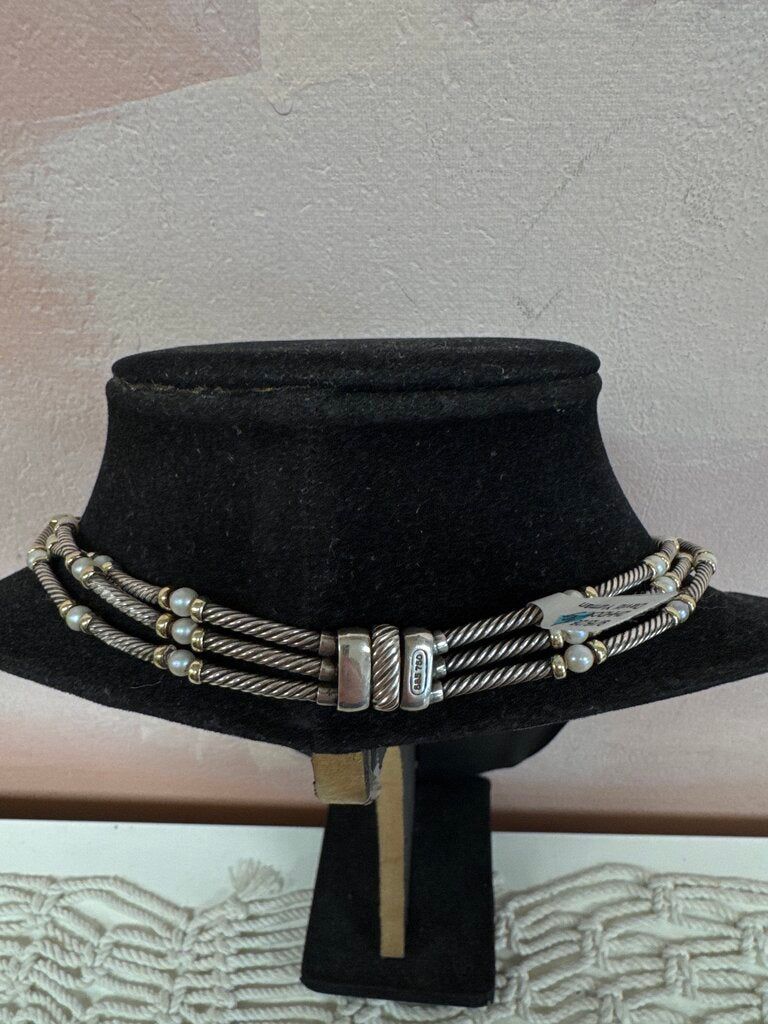 David Yurman Two Tone Cable and Pearl 3 Strand Necklace