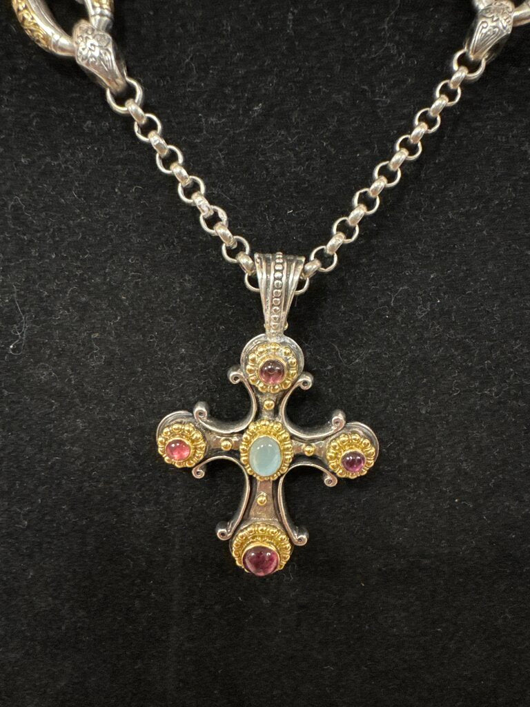 Konstantino Two Tone Tourmaline and Topaz Cross Pendant Necklace