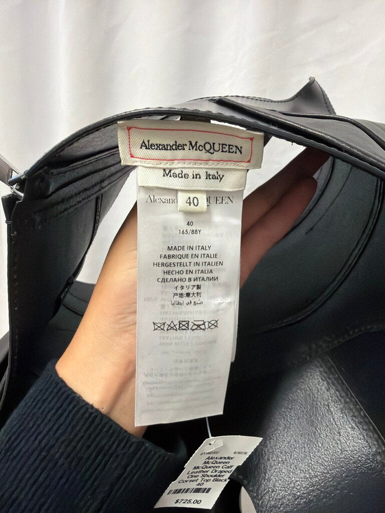 McQueen Calf Leather Draped One Shoulder Corset Top