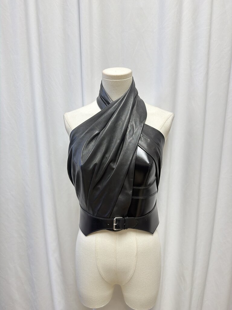 McQueen Calf Leather Draped One Shoulder Corset Top