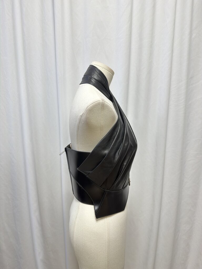 McQueen Calf Leather Draped One Shoulder Corset Top