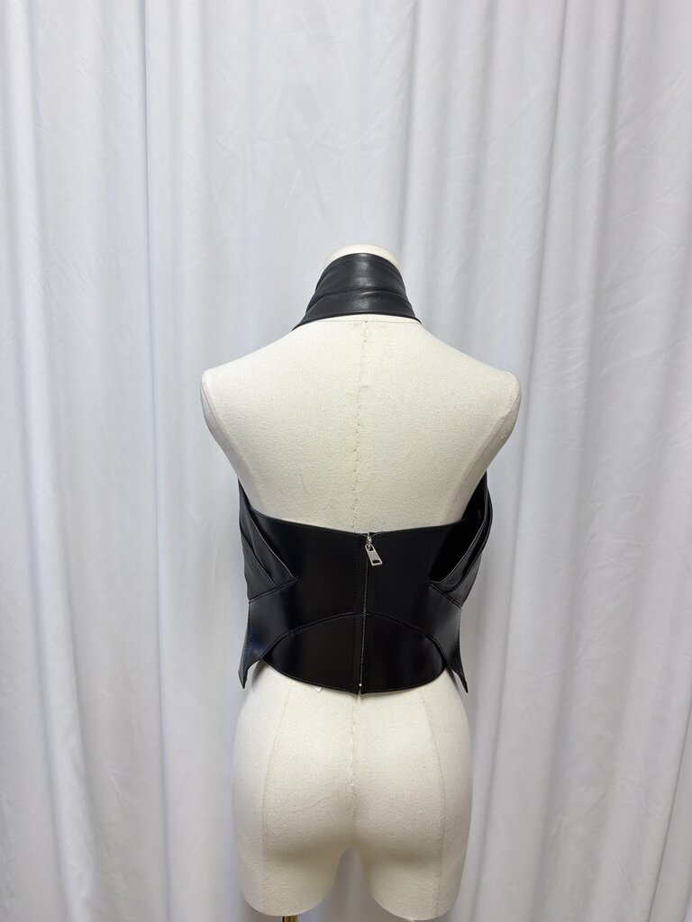 McQueen Calf Leather Draped One Shoulder Corset Top