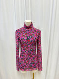 Ganni Rose Print Mesh Long Sleeve Turtle Neck