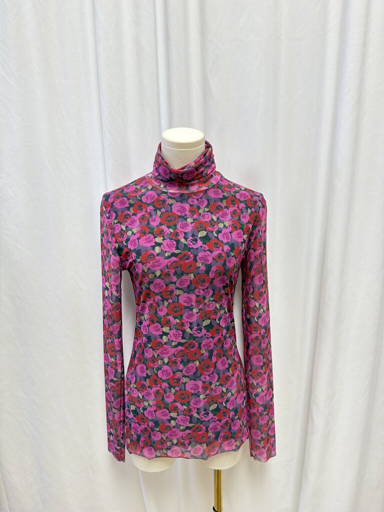 Ganni Rose Print Mesh Long Sleeve Turtle Neck