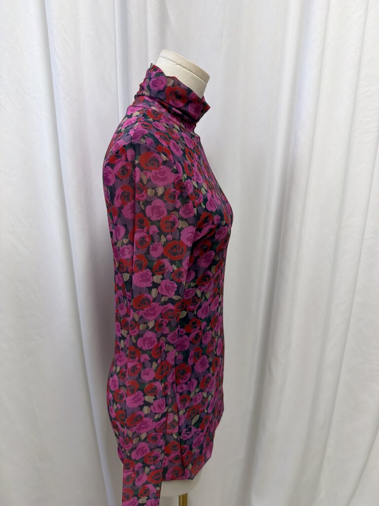 Ganni Rose Print Mesh Long Sleeve Turtle Neck