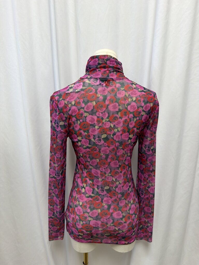 Ganni Rose Print Mesh Long Sleeve Turtle Neck