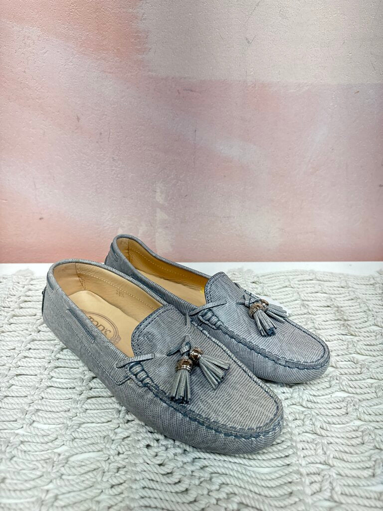 Tod's Grey Embossed Leather Tassel Loafers