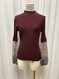 Veronica Beard Ribbed Long Sleeve Mock Neck Top w/ Floral Print Back Panel