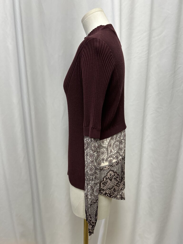 Veronica Beard Ribbed Long Sleeve Mock Neck Top w/ Floral Print Back Panel
