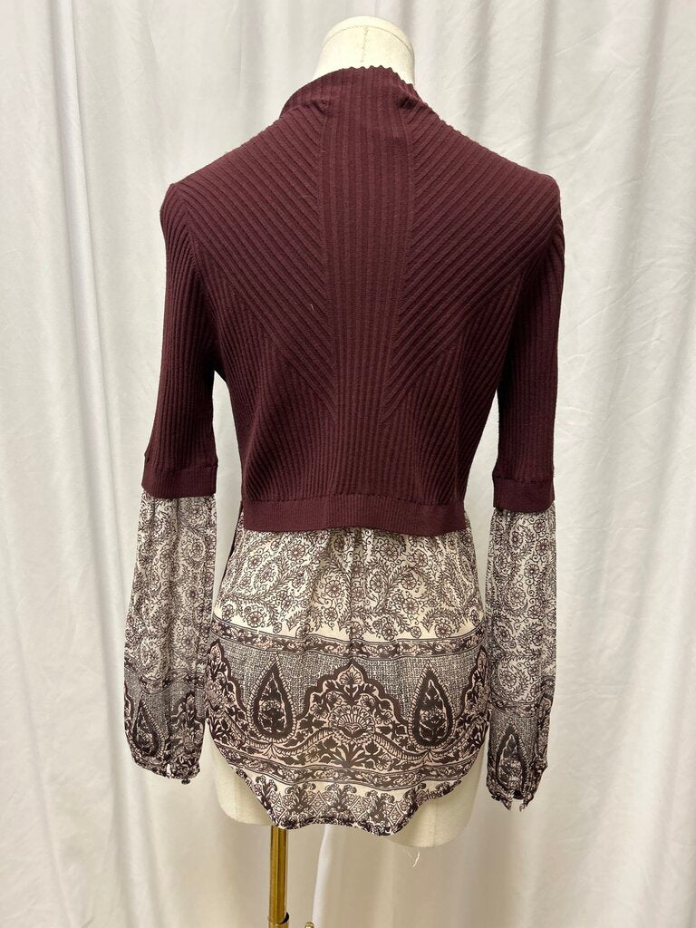 Veronica Beard Ribbed Long Sleeve Mock Neck Top w/ Floral Print Back Panel