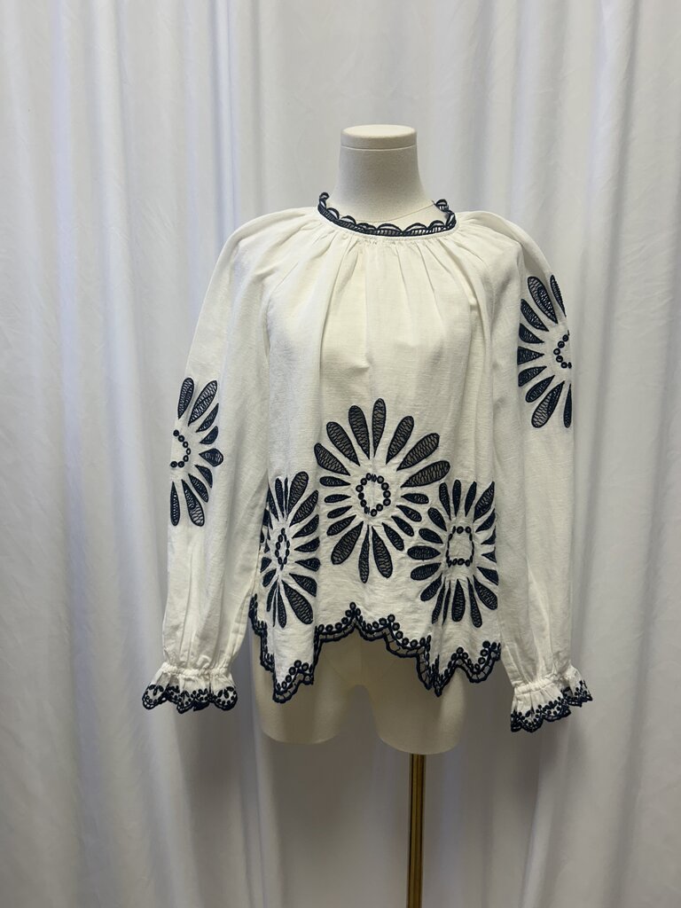 Ulla Johnson Linen/Cotton Blend Embroidered Puff Sleeve Top