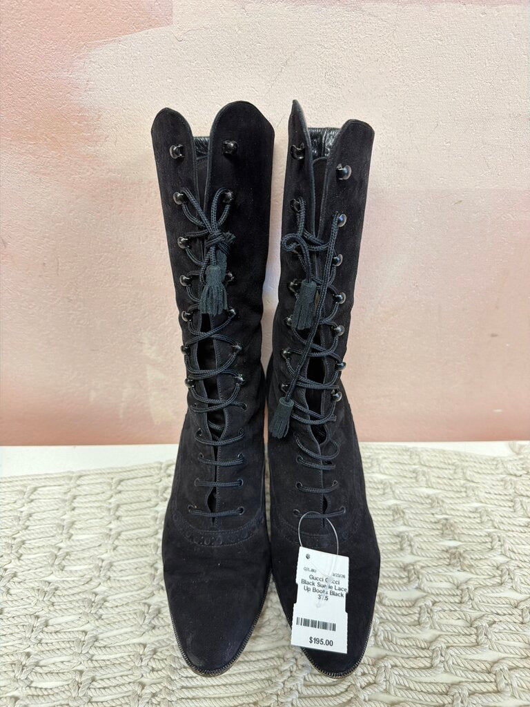 Gucci Black Suede Lace Up Boots