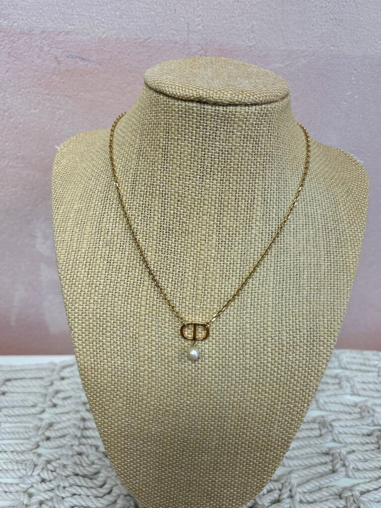 Dior Mini CD Necklace w/Faux Pearl Pendant w/Bag