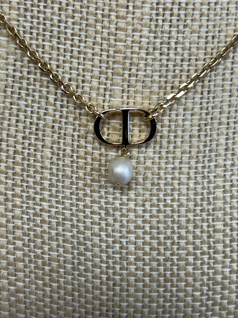 Dior Mini CD Necklace w/Faux Pearl Pendant w/Bag