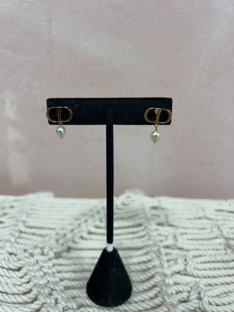 Dior Petit CD Earrings w/Faux Pearl Drop w/Bag