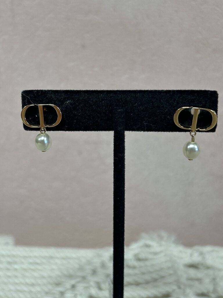 Dior Petit CD Earrings w/Faux Pearl Drop w/Bag