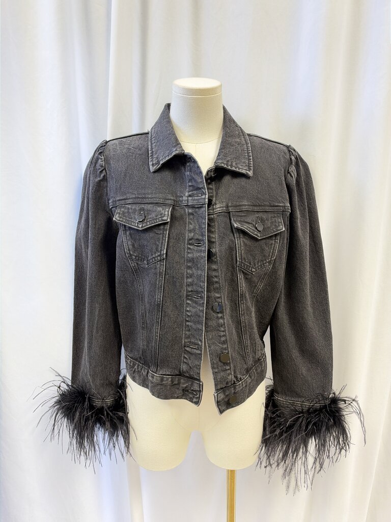 Retrofete Black Denim Jacket w/Feather Trim