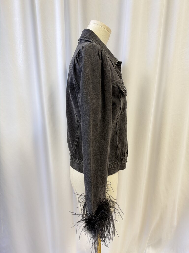 Retrofete Black Denim Jacket w/Feather Trim