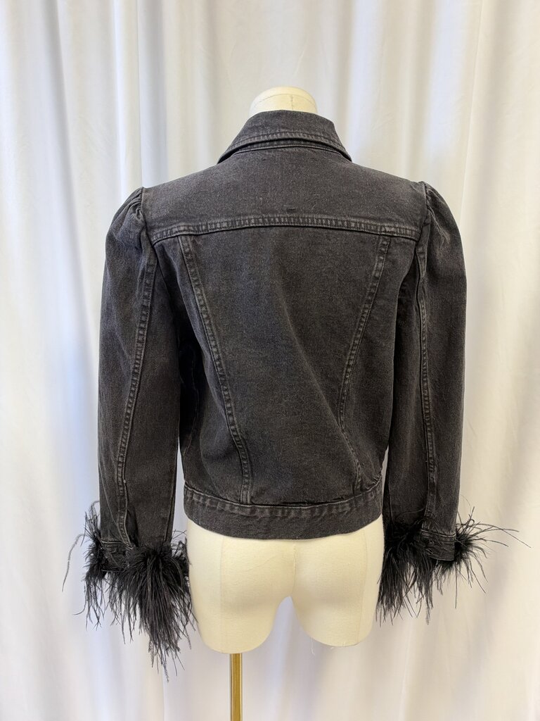 Retrofete Black Denim Jacket w/Feather Trim
