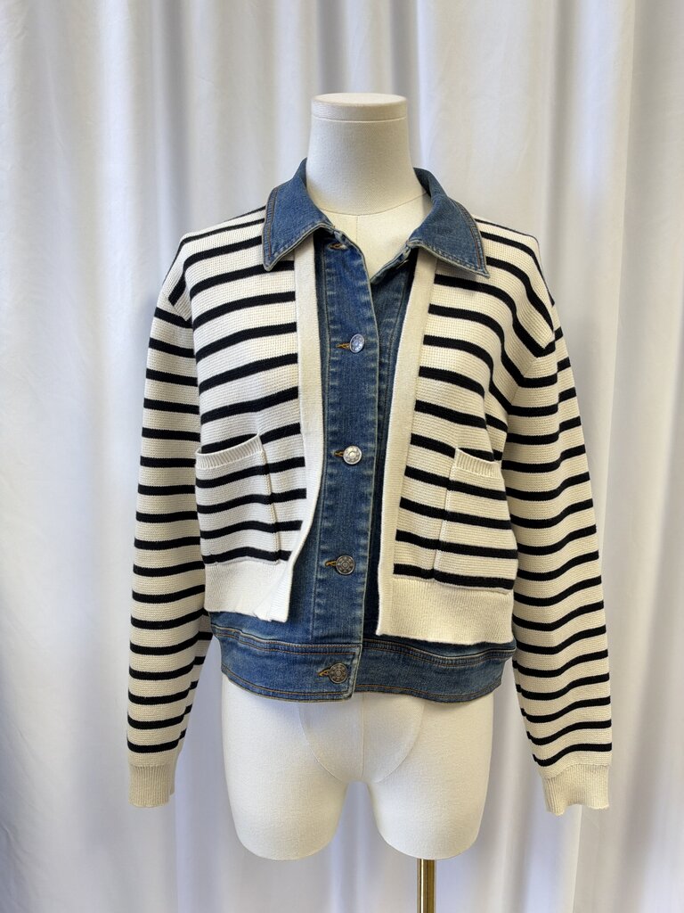 J. Society Striped Sweater w/Jean Jacket Trim