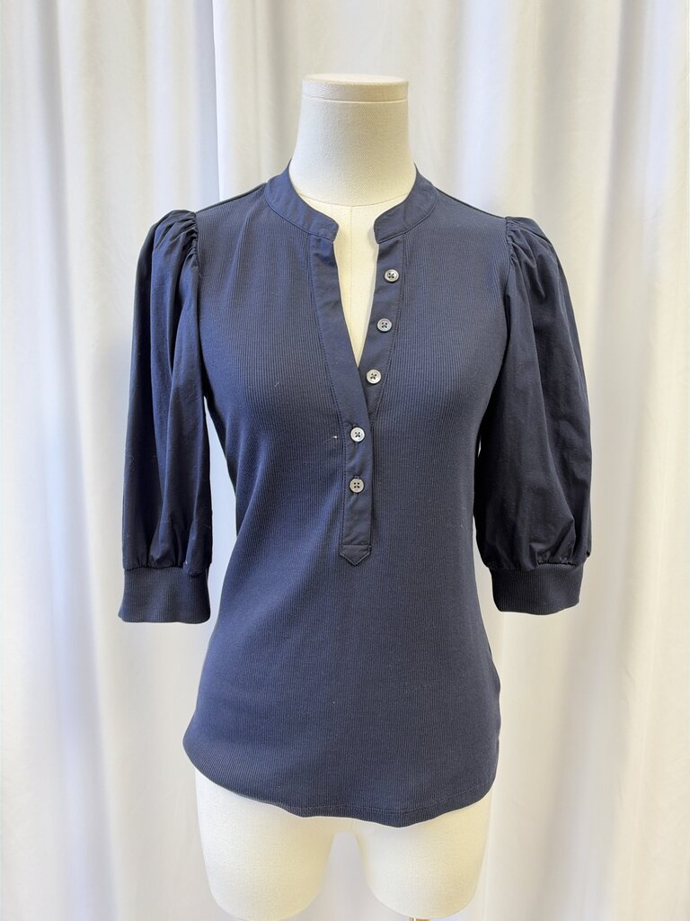 Veronica Beard Navy Ribbed Puff Sleeve Top