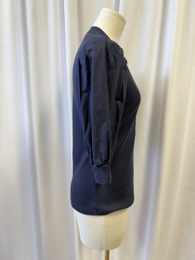 Veronica Beard Navy Ribbed Puff Sleeve Top