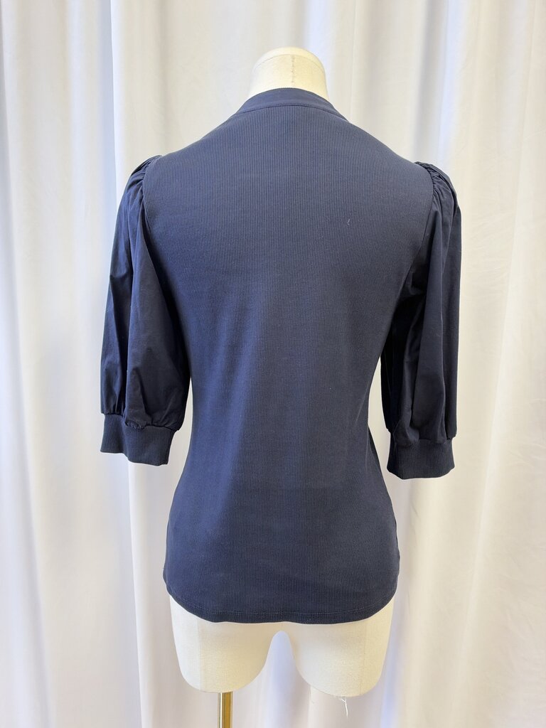 Veronica Beard Navy Ribbed Puff Sleeve Top