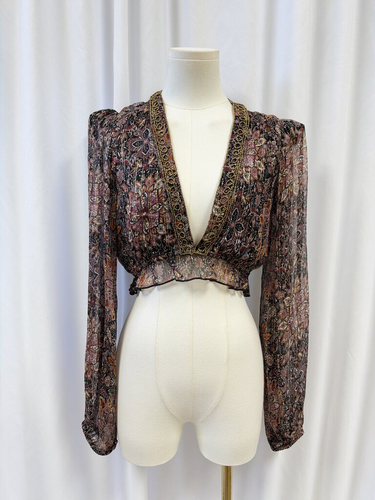House of Harlow Floral Metallic Cropped Long Sleeve
