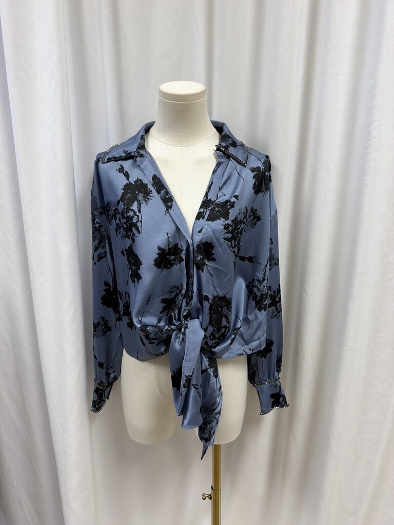 Cinq a Sept Blue Silk Button Tie Front Blouse NWT
