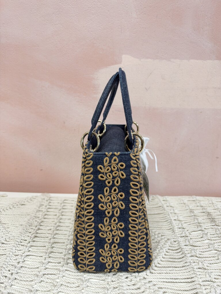 Dior Embroidered Denim Medium Lady Dior Handbag w/ Dustbag and Crossbody Strap