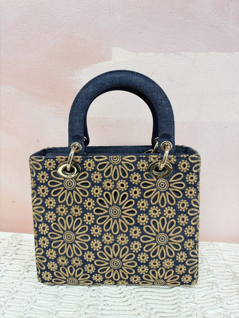 Dior Embroidered Denim Medium Lady Dior Handbag w/ Dustbag and Crossbody Strap