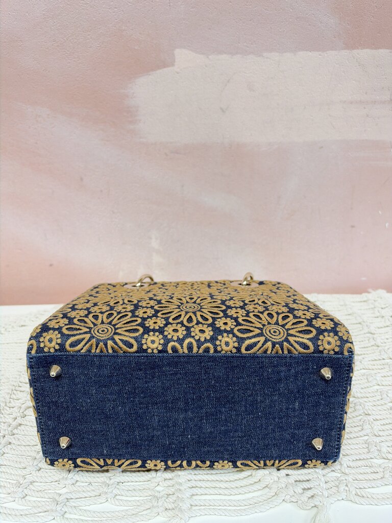 Dior Embroidered Denim Medium Lady Dior Handbag w/ Dustbag and Crossbody Strap