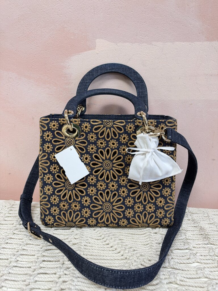 Dior Embroidered Denim Medium Lady Dior Handbag w/ Dustbag and Crossbody Strap